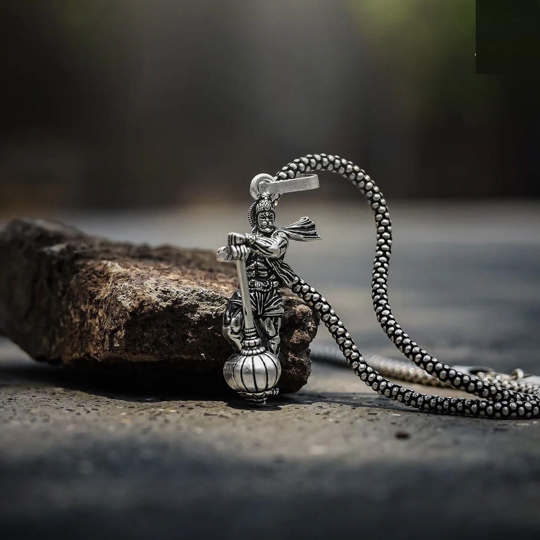 Hanumanji with Gada Silver-Plated Pendant Chain
