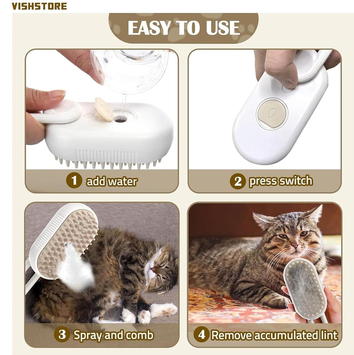 Steam Brush for Dogs and Cats – 3-in-1 Steamy Grooming Brush