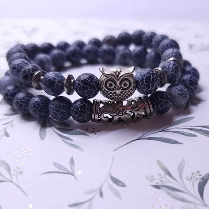 Natural Stone Owl Beaded Bracelet – Handcrafted Elastic Bracelet for Men & Women